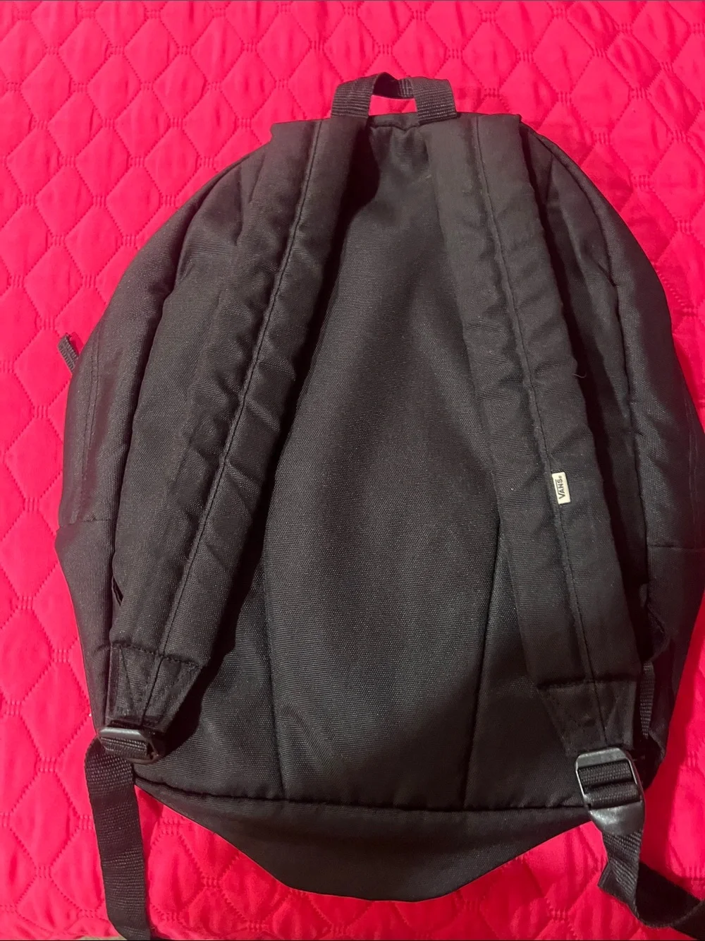 Vans Black Checkerboard Backpack with Red Rose Accents